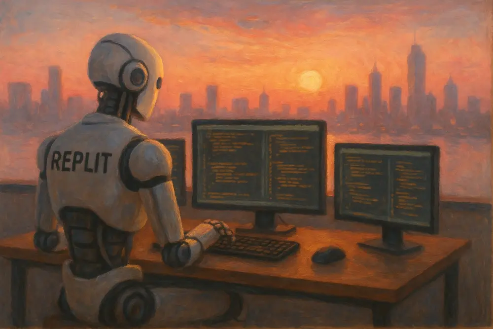 A Replit-labeled robot types at a workstation with three code-filled screens, overlooking a city skyline