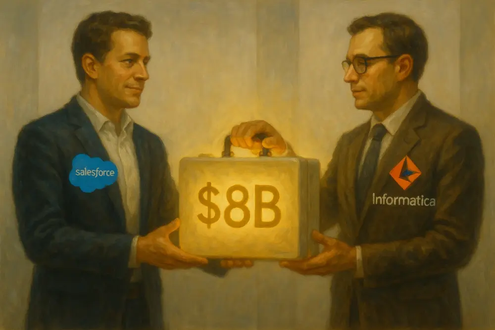 Salesforce representative hands a glowing $8B briefcase to an Informatica representative