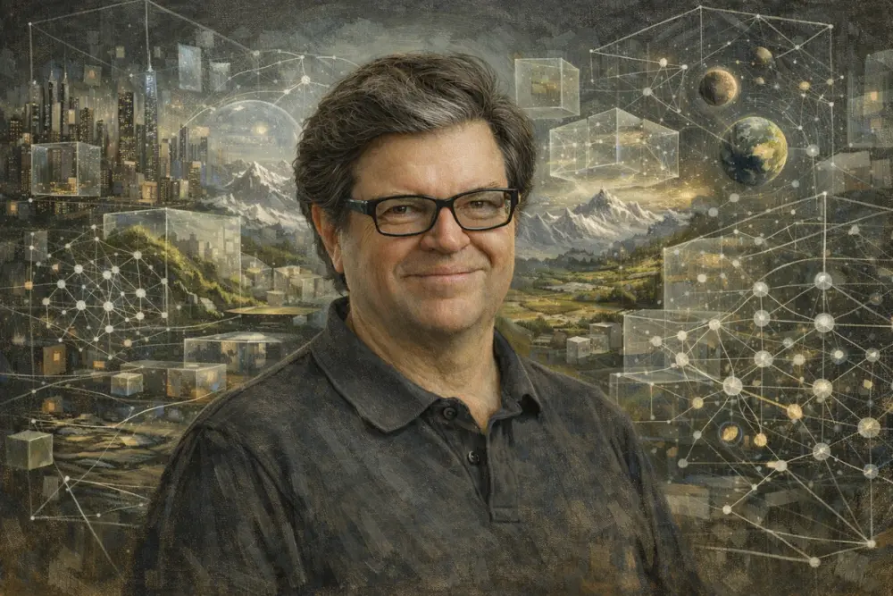 Yann LeCun with abstract world models in the background