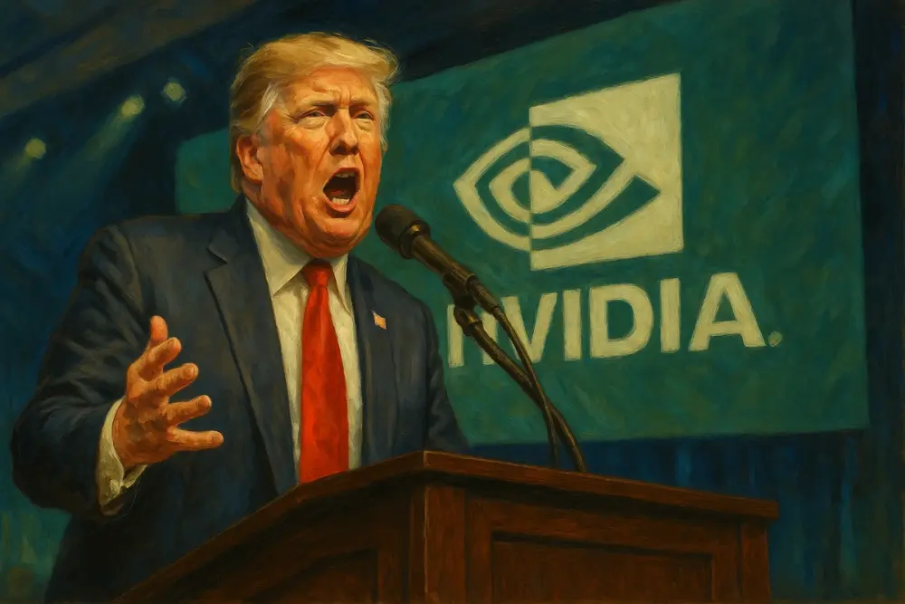 Donald Trump speaking at a podium with the NVIDIA logo behind him