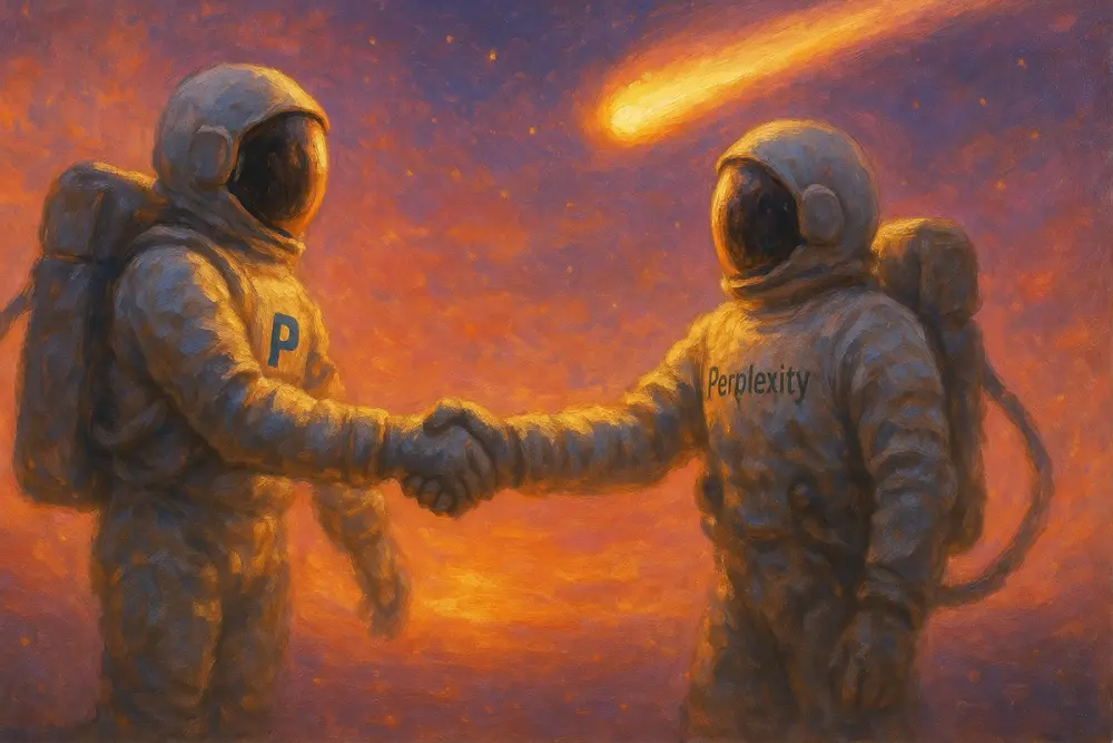 Two astronauts in space shake hands, one labeled PayPal and the other Perplexity