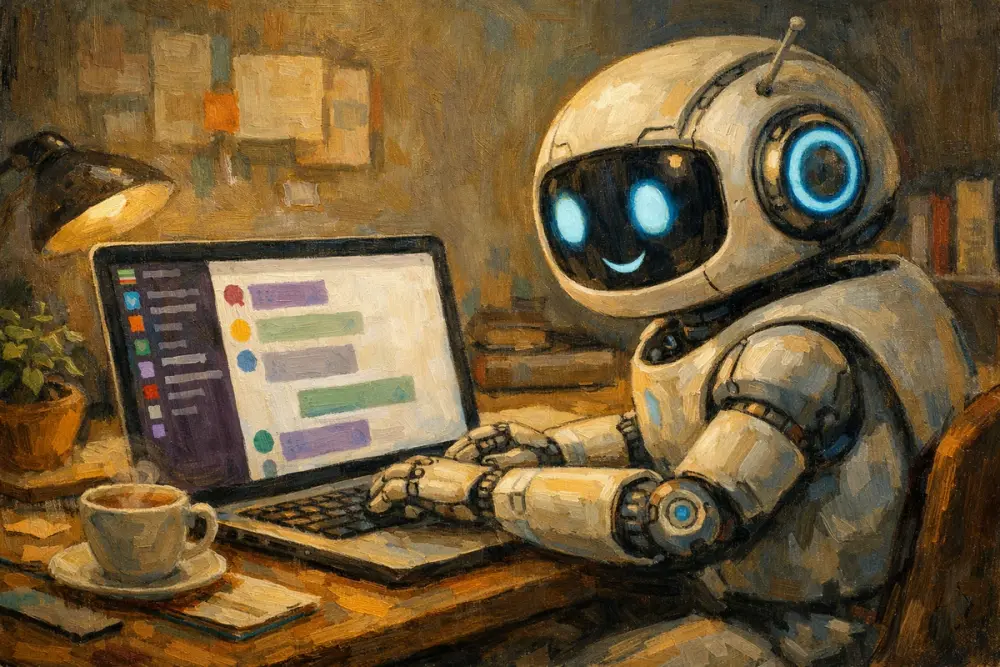 AI robot types on a laptop showing a Slack-style chat interface