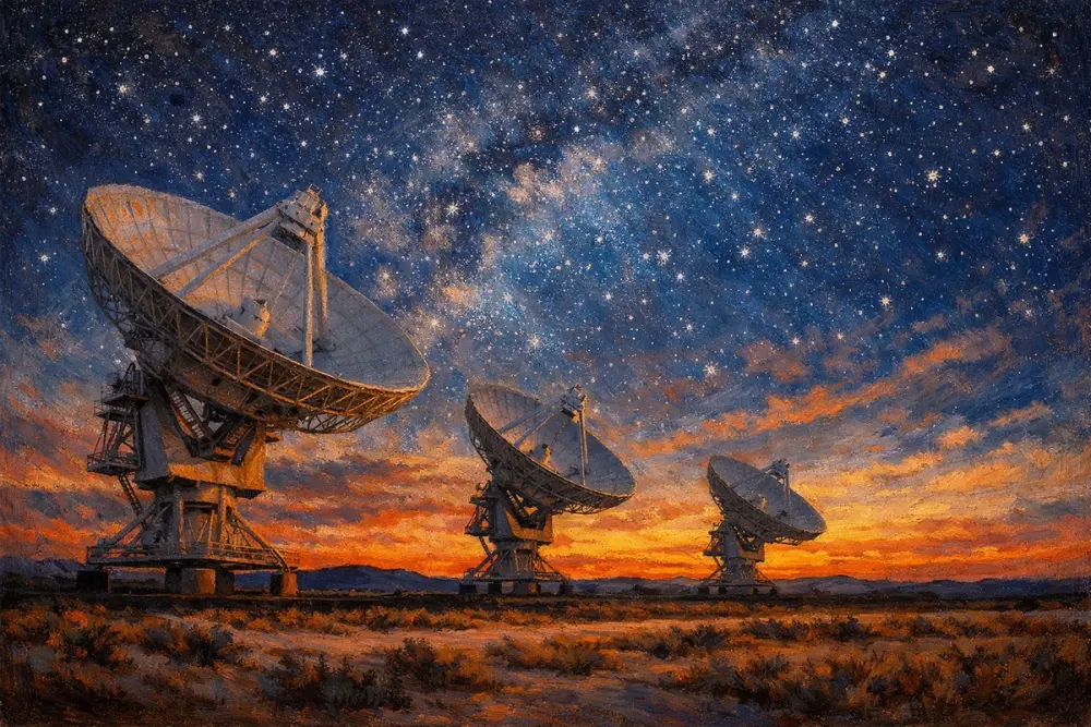 Three radio telescopes under a starry dusk sky