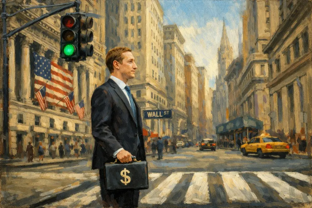 Mark Zuckerberg pausing at a Wall Street crosswalk under a green light, holding a briefcase