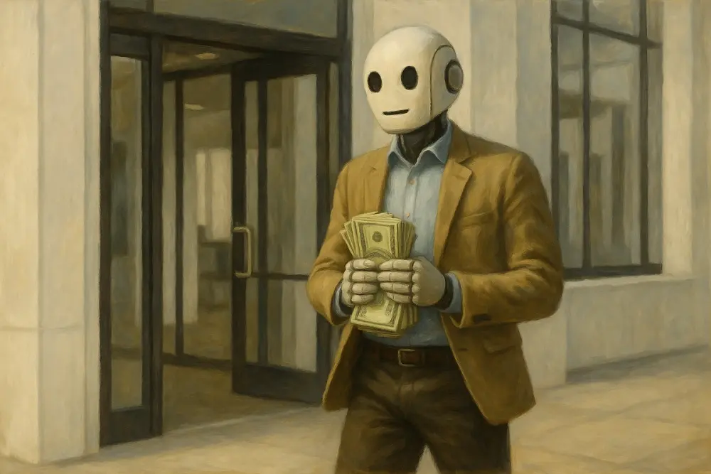 An AI in business casual attire walks out of a modern office building holding a thick stack of cash.