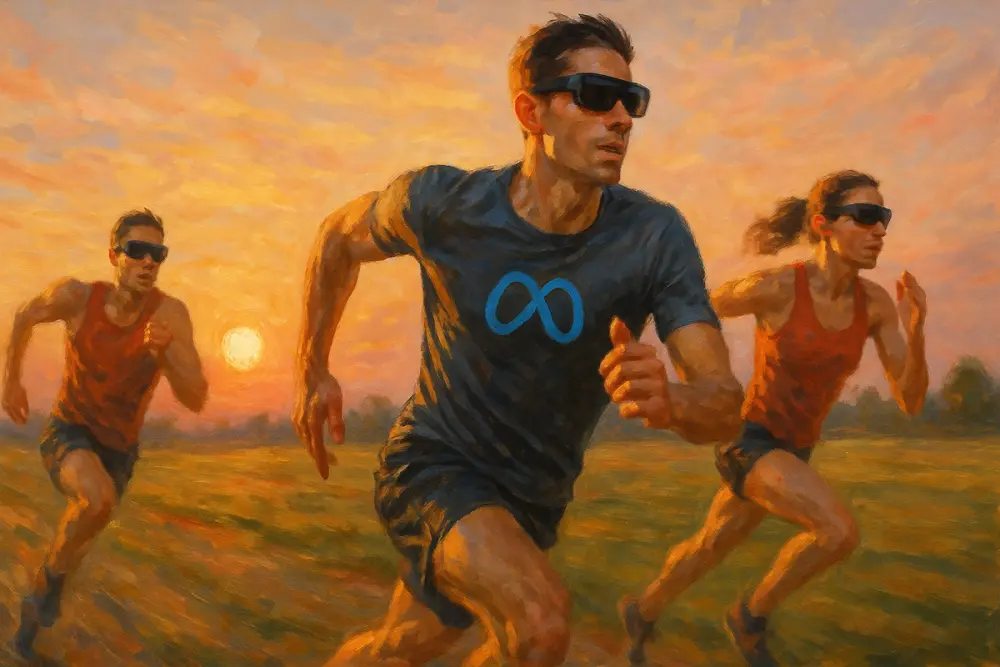 Three runners sprint across a field at sunset, led by one in a Meta-logo shirt, all wearing smart glasses.