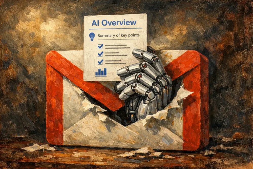 Robotic hand emerging from a Gmail envelope, holding an AI Overview email summary