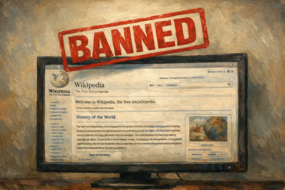 Computer screen showing a Wikipedia page with a bold red “BANNED” stamp hovering above it.
