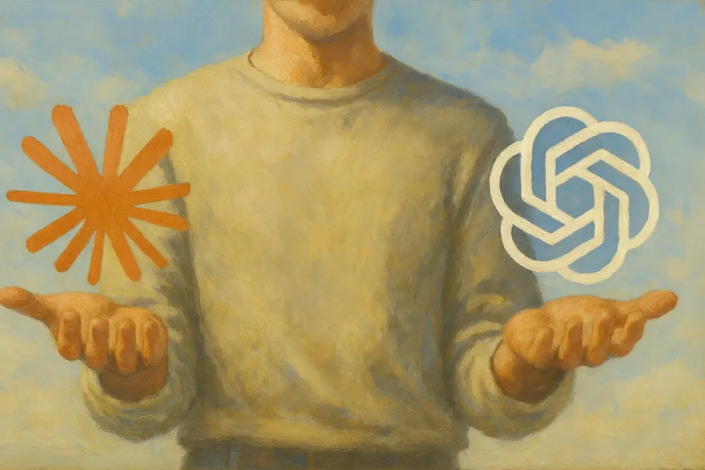 A person balancing the Claude logo on the left and the ChatGPT/OpenAI logo on the right