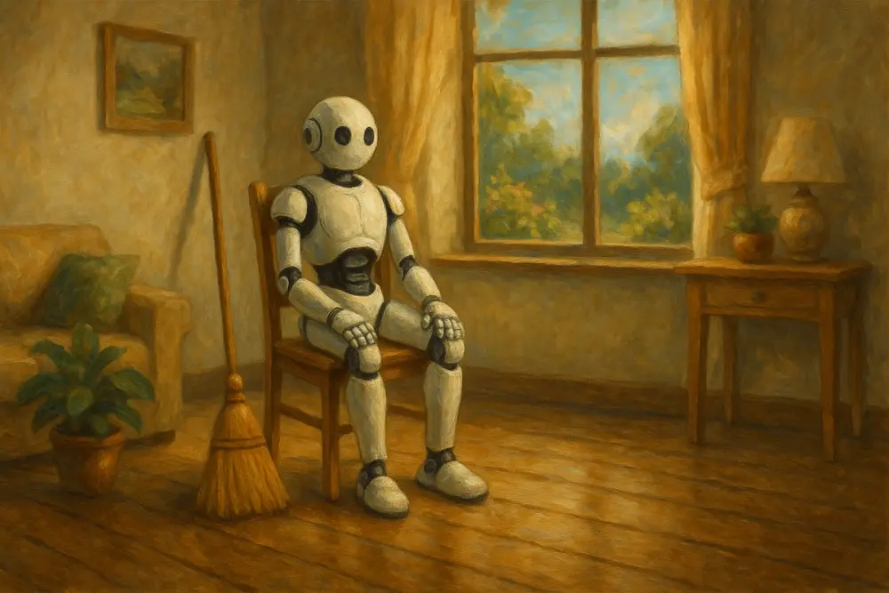 Robot resting on a chair in a cozy, sunlit room with a broom and garden view