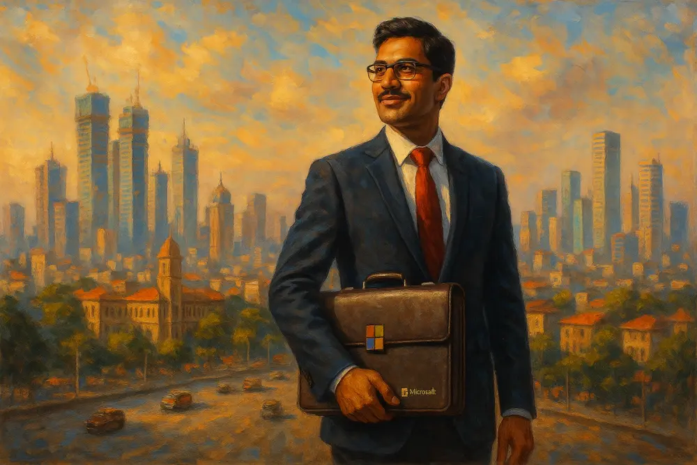 South Asian businessman holding a briefcase against a sunlit Mumbai city skyline