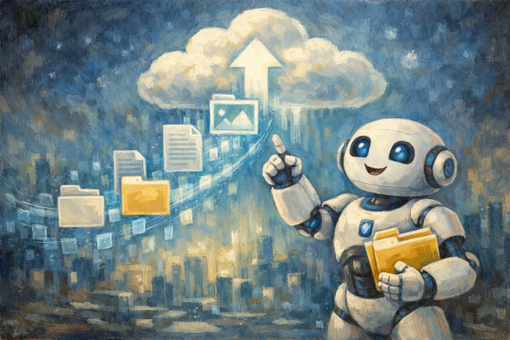 Bot uploading organized digital files into a glowing cloud system.