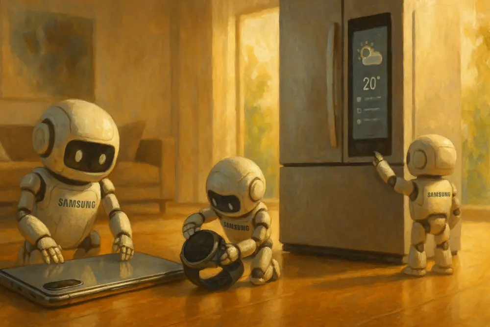 Tiny Samsung robots examine a phone, smartwatch, and fridge in a sunlit modern home