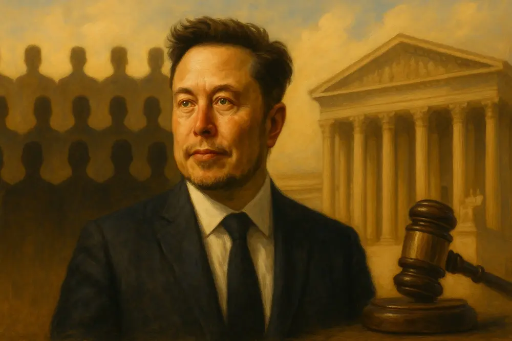 Elon Musk in a dark suit, set against a backdrop featuring twelve silhouetted figures