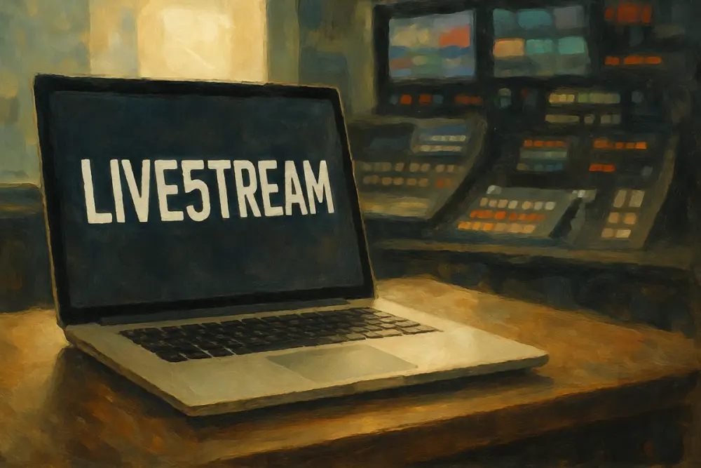 A laptop on a desk displays the word “LIVE5TREAM” on its screen, with a blurred video control room in the background.