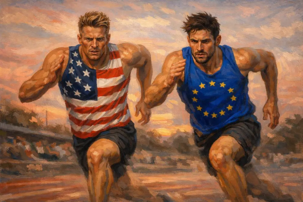 Two runners race at sunset wearing USA and EU flag shirts