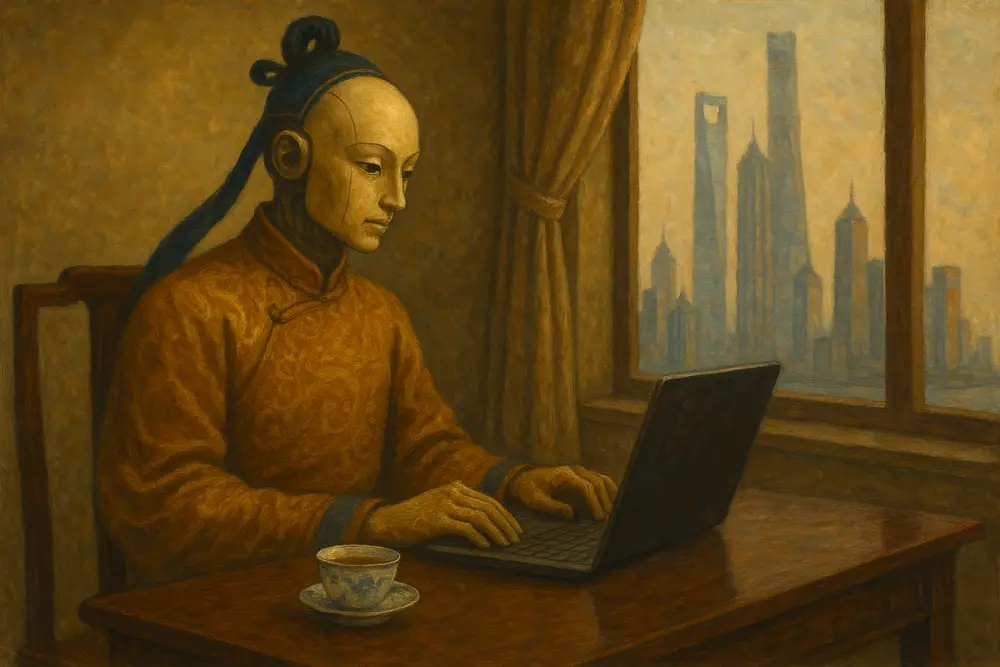 AI in traditional Chinese clothing codes at a desk with city skyline outside