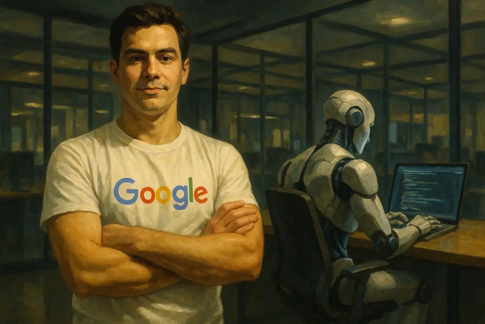 Person in a Google T-shirt stands confidently as a robot types on a laptop behind them