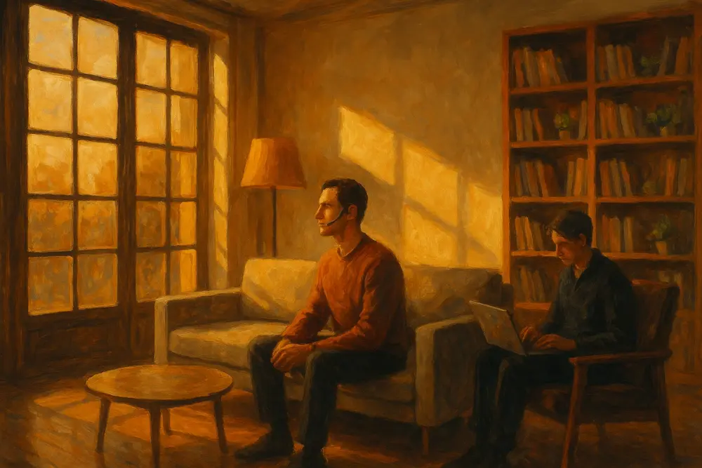 A man wearing a headset sits on a sofa while another person works on a laptop