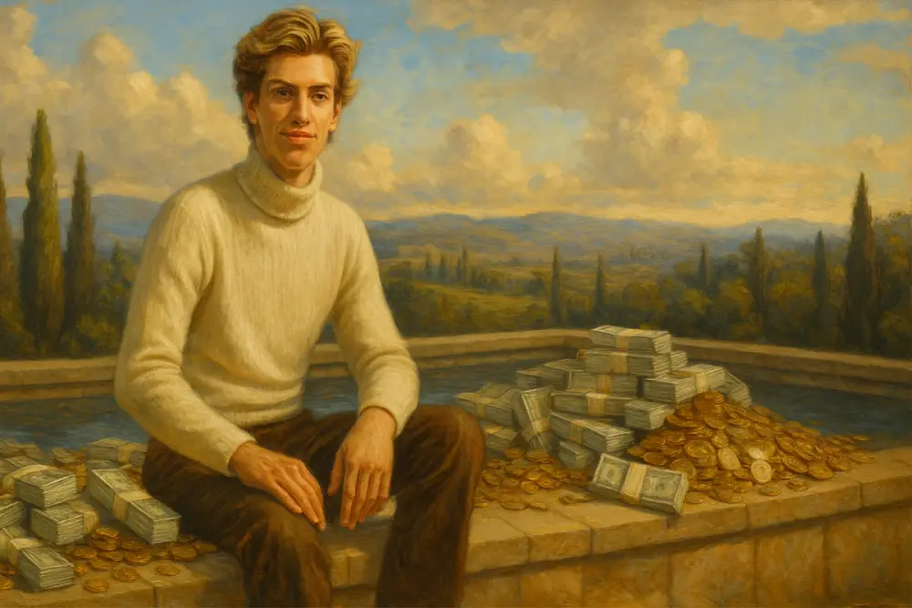 A man sitting on the edge of a stone pool filled with stacks of cash and gold coins