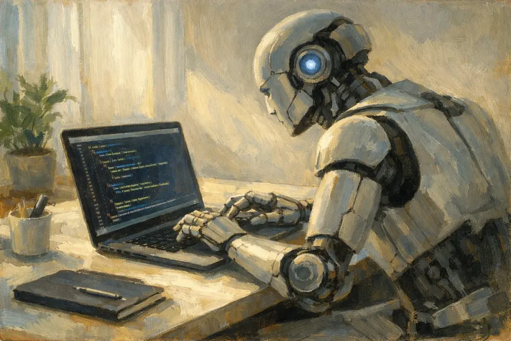 Humanoid robot coding at a desk 