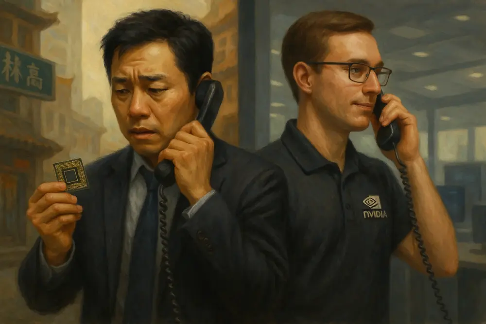 Chinese man and an NVIDIA employee on a phone call, shown back to back in contrasting settings