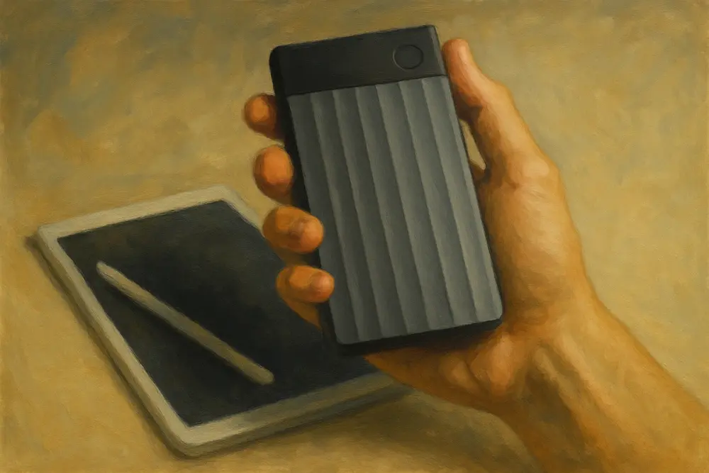 A hand holding a sleek gray device above a tablet with a stylus resting on it