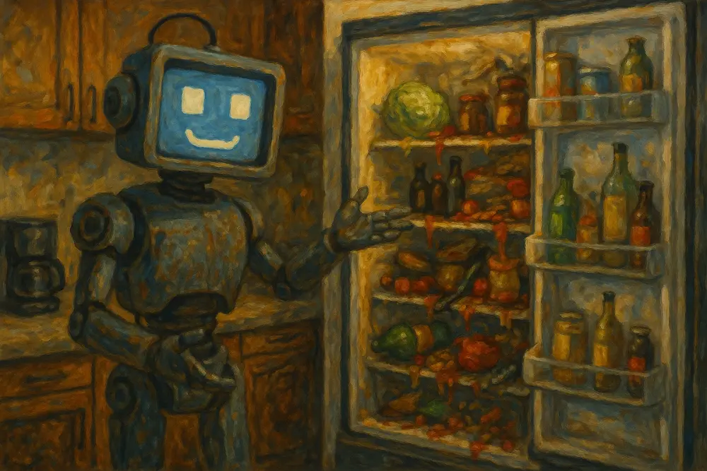 Robot points to messy open fridge in a modern kitchen