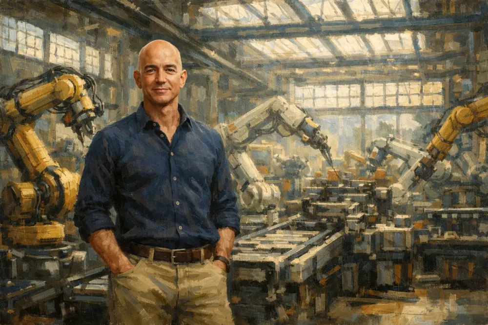 Jeff Bezos in a sunlit AI-powered factory surrounded by robotic assembly lines.