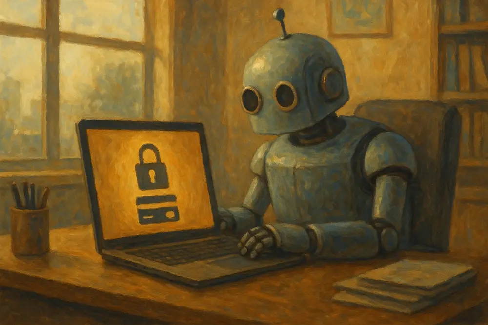 A robot sits at a desk using a laptop that displays a lock and credit card icon, symbolizing paid AI access