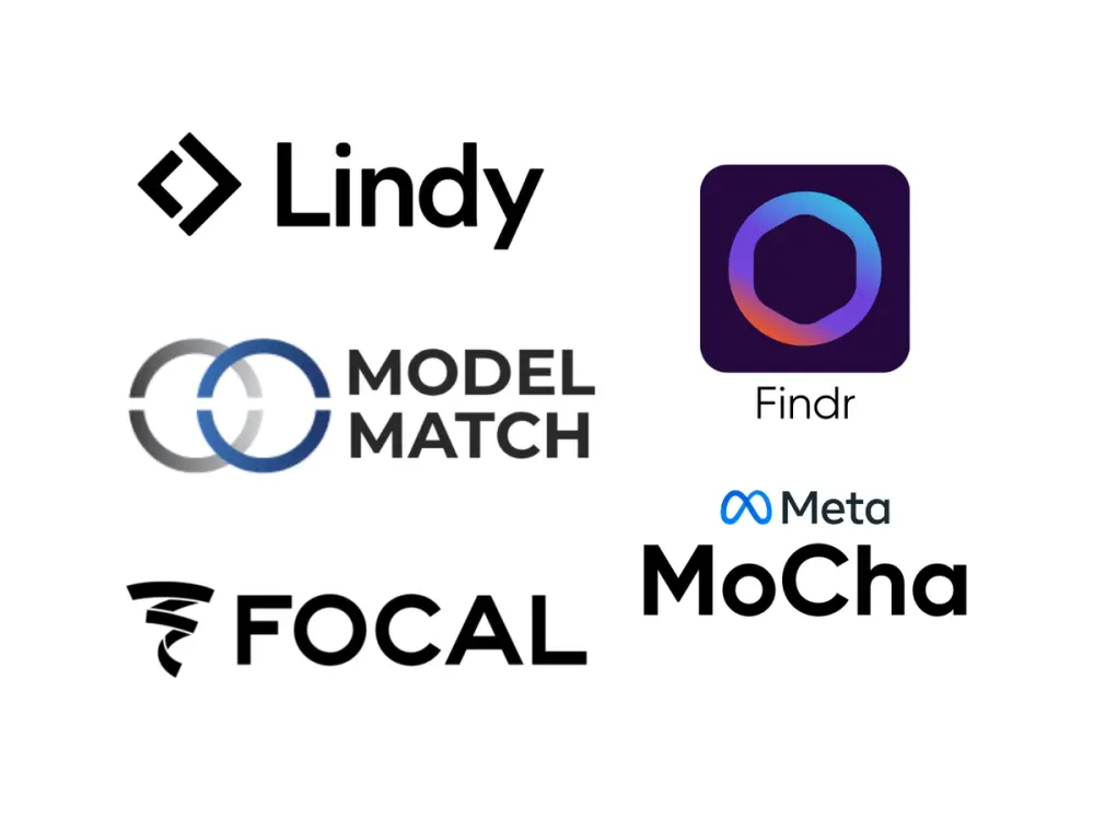 Logos of six AI-related tools or platforms: Lindy, Findr, Model Match, Meta MoCha, and Focal