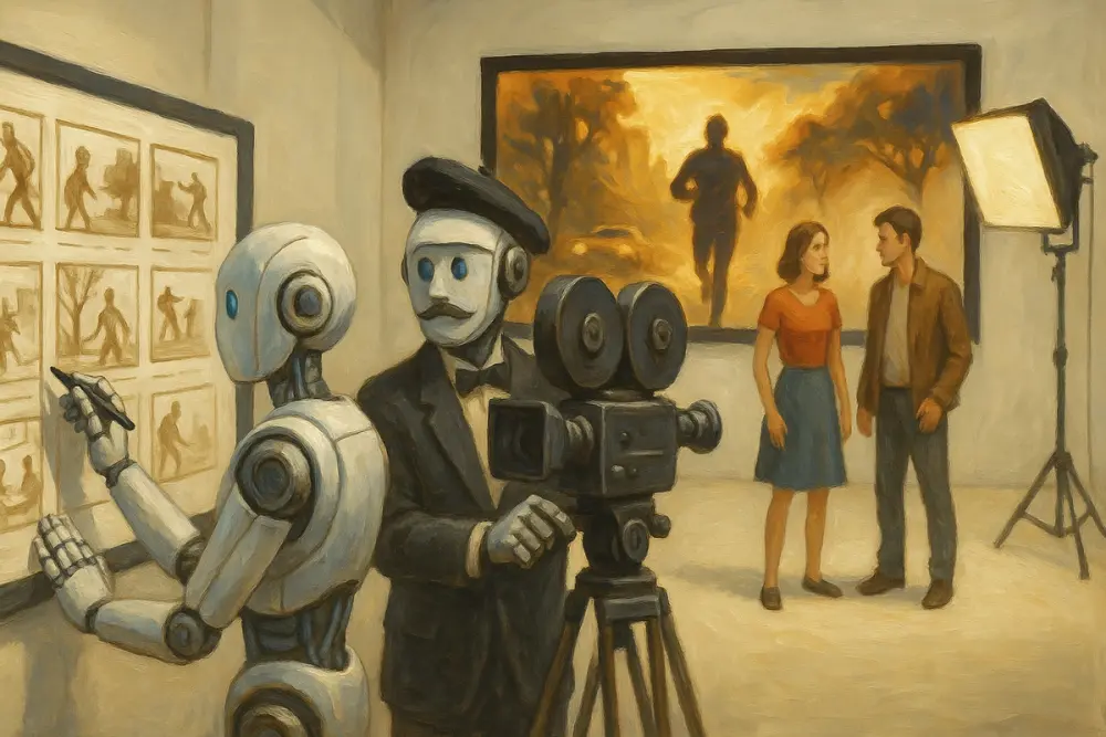 A film studio shows two robots directing a movie—one sketching storyboards, the other filming a male and female actor.