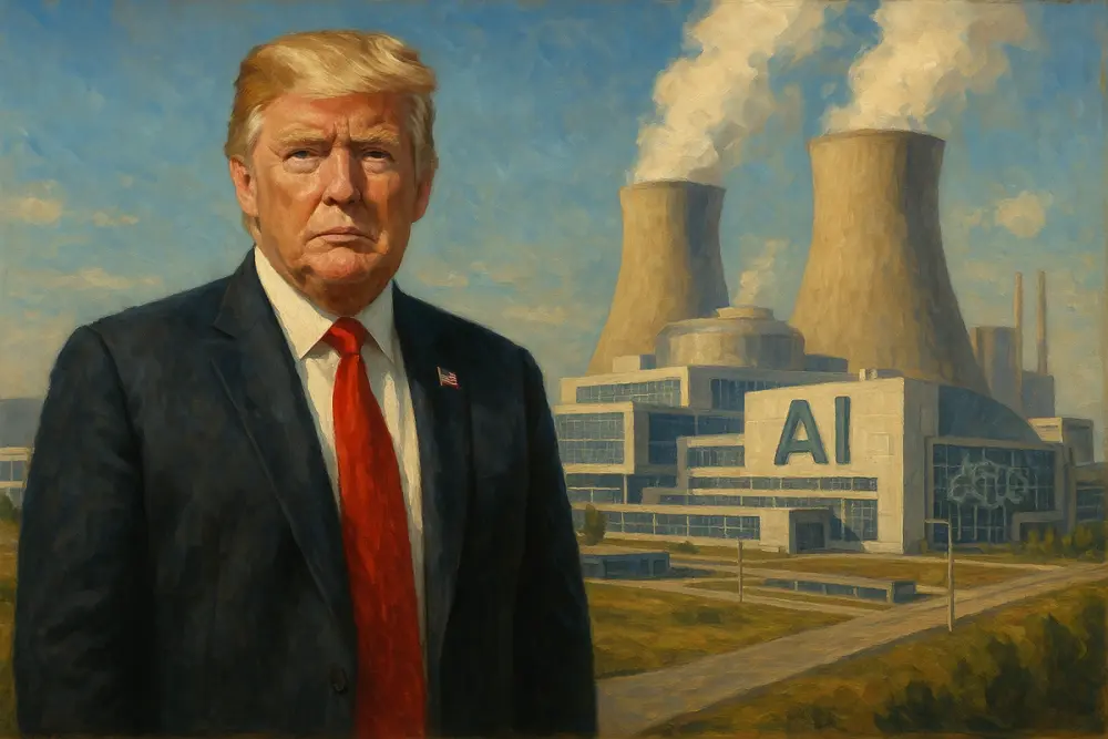 Donald Trump in front of an AI lab and nuclear plant with cooling towers