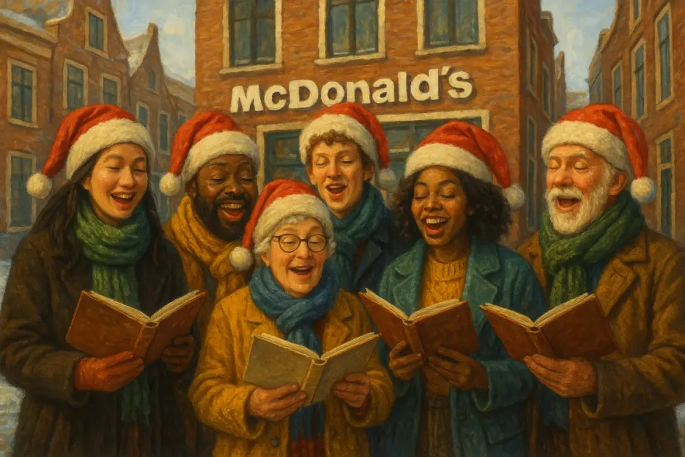 A diverse group of six people in Santa hats joyfully sing Christmas carols outside a brick McDonald’s in a snowy Dutch street