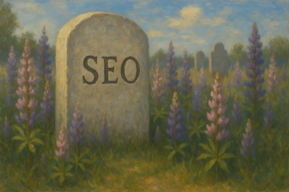 A tombstone engraved with “SEO” stands in a peaceful graveyard surrounded by blooming lupin flowers