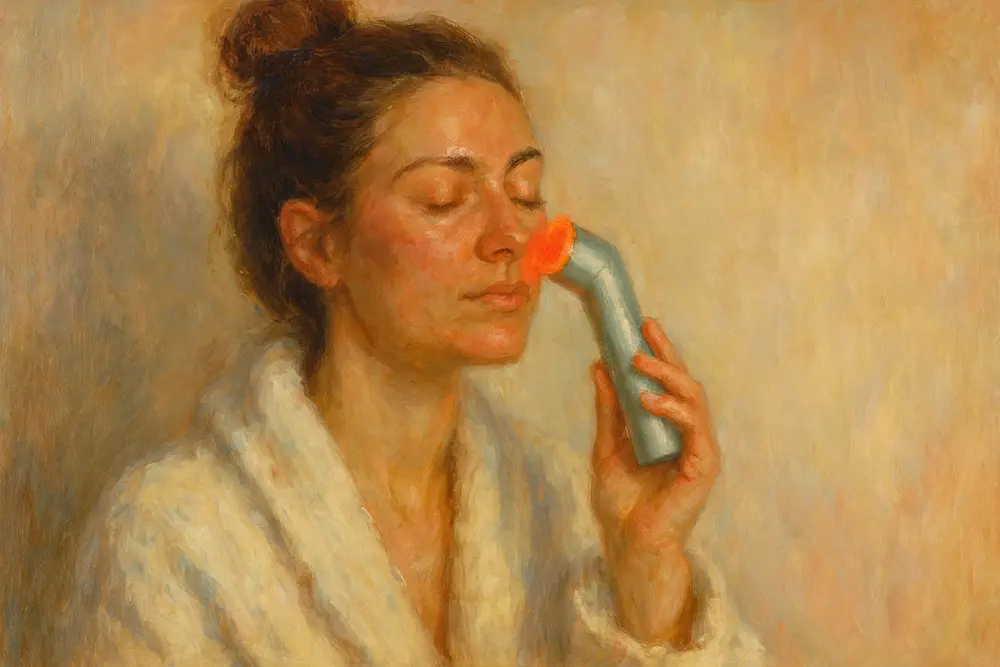 A woman in a robe uses a glowing light therapy wand on her face