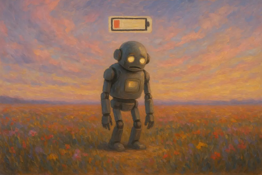 A weary robot stands in a colorful field at sunset, with a nearly empty battery icon glowing above its head