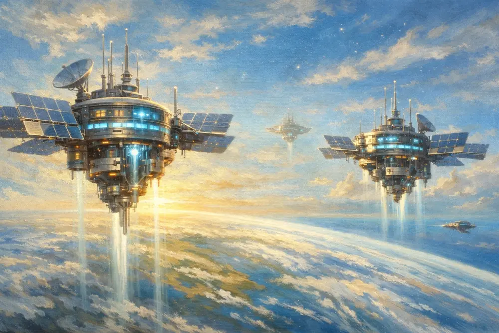 Futuristic space data centers with solar panels floating above Earth.