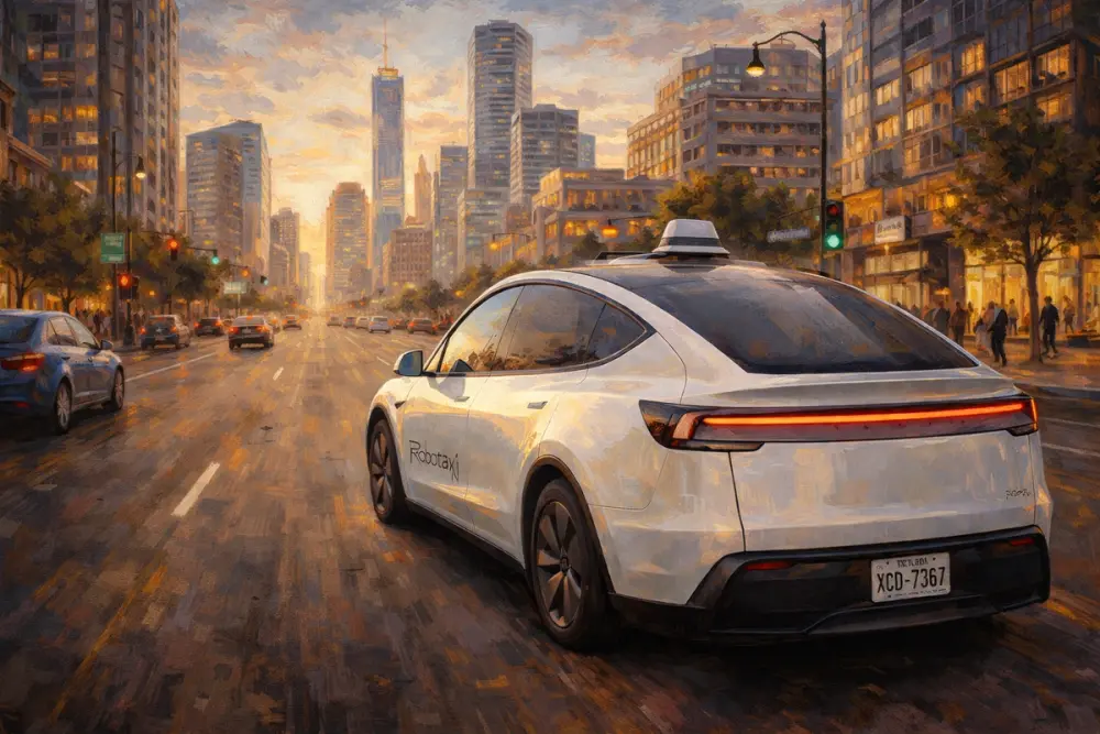 A driverless Tesla robotaxi cruises down a modern city street
