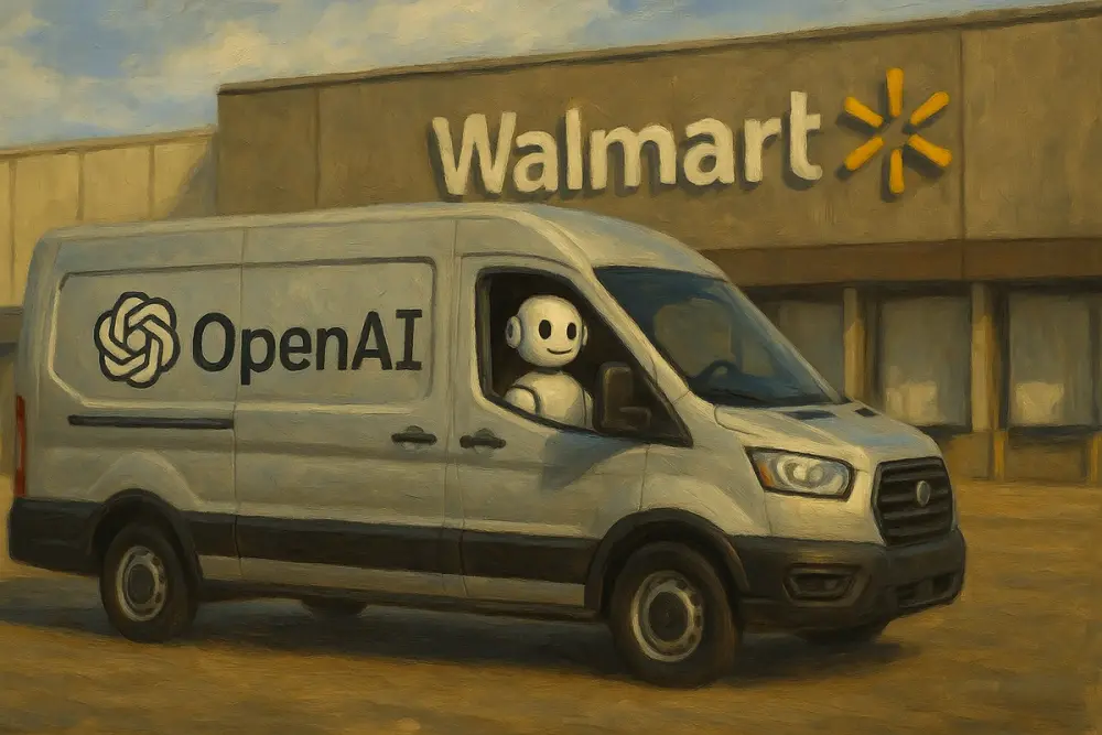 A silver OpenAI delivery van parked outside a Walmart distribution center with a friendly robot driver