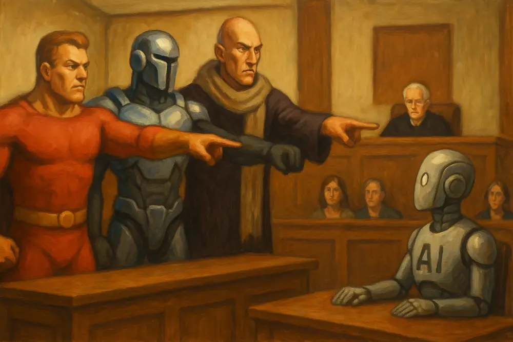 Three heroic figures—one in red, one armored, and one bald in a scarf—stand in a courtroom pointing at an AI robot seated at the defendant’s table