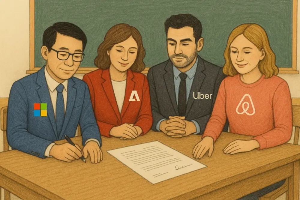 our business professionals representing Microsoft, Adobe, Uber, and Airbnb sitting at a classroom table, signing a document