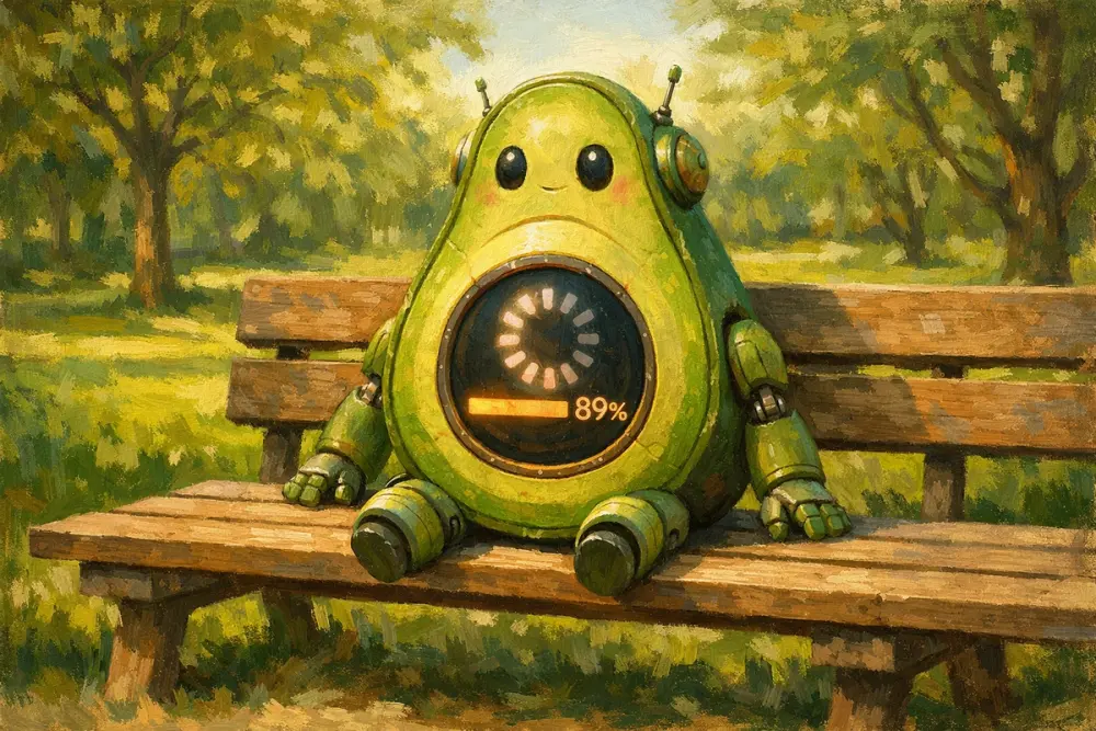 Avocado-shaped robot sitting on a park bench with a glowing screen stuck at 89% progress.