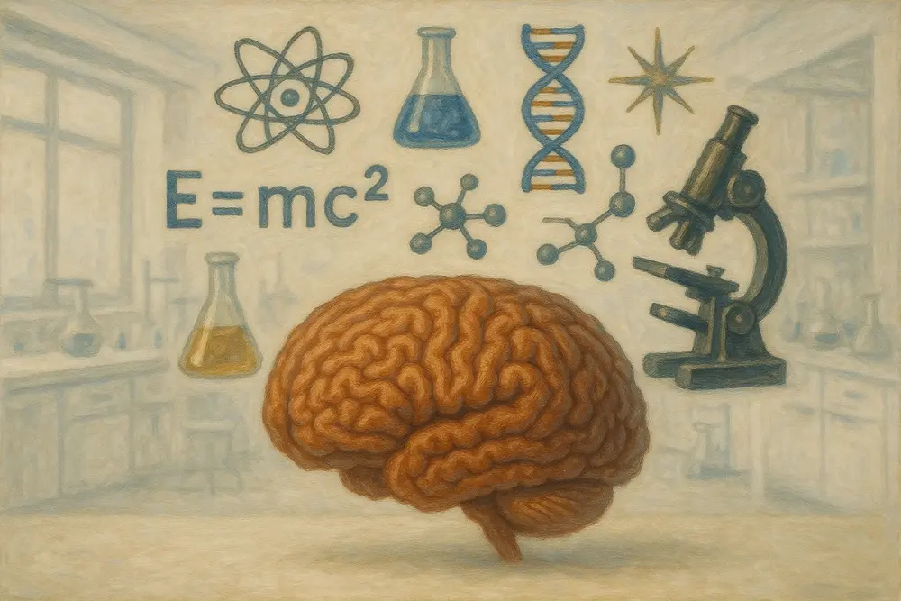 human brain sits in a white laboratory with scientific symbols and apparatus floating above it, including a microscope, DNA strand, and chemical formulas