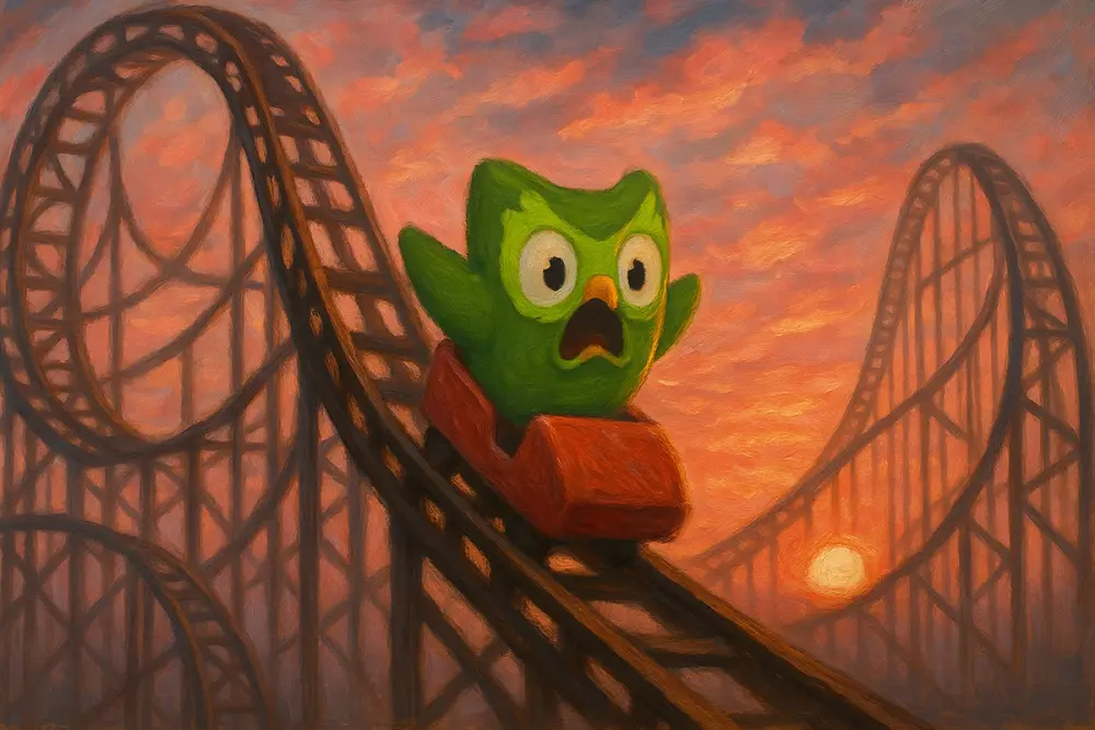 A panicked Duolingo owl rides a steep roller coaster at sunset