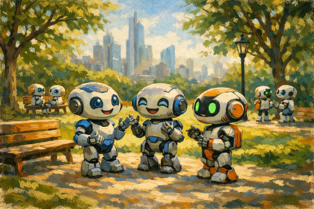 Friendly AI robots chatting together in a sunny park