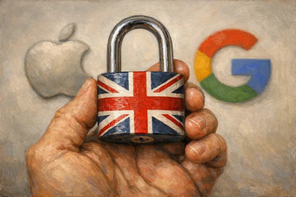 A hand holding a Union Jack padlock with Apple and Google logos blurred behind