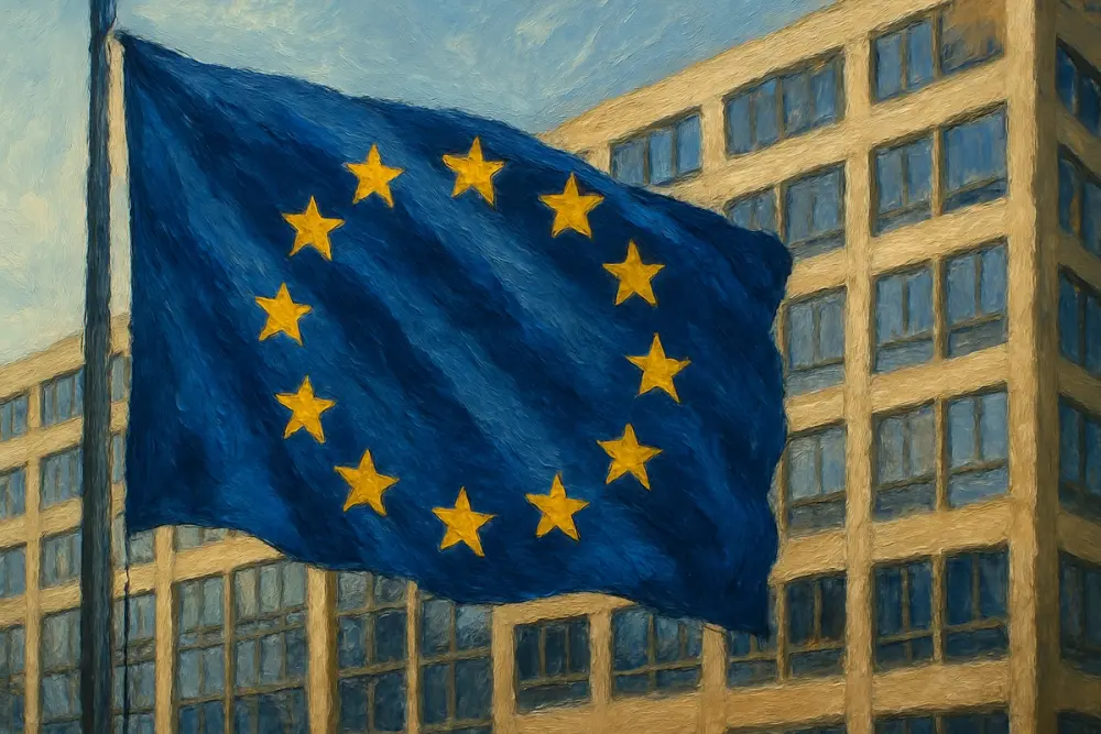 A vibrant EU flag with golden stars waves prominently in the foreground, set against a slightly blurred modern office building