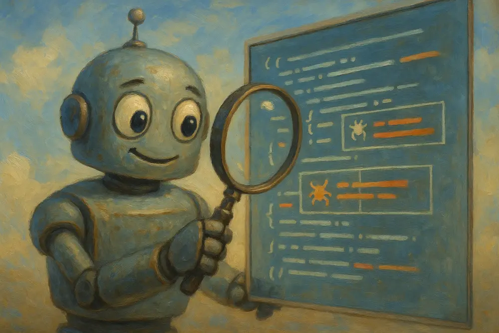 A friendly robot inspects code with a magnifying glass, highlighting bugs on a transparent screen