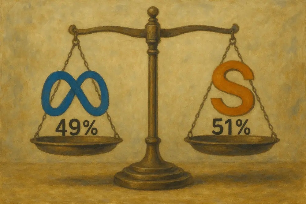 A balance scale tilts slightly to the right, with a blue Meta symbol labeled 49% on the left pan and an orange "S" symbol labeled 51% on the right pan